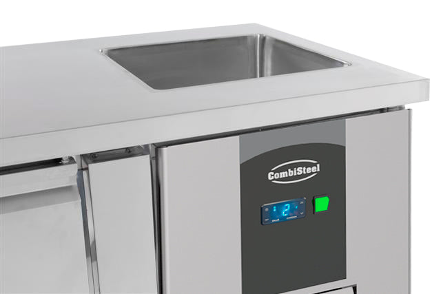 Stainless steel three door refrigerated counter with integrated sink basin view 2