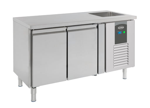 Stainless steel refrigerated counter sink with 2 doors and integral 400mm sink basin