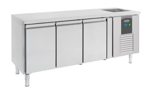 Stainless steel three door refrigerated counter with integrated sink basin