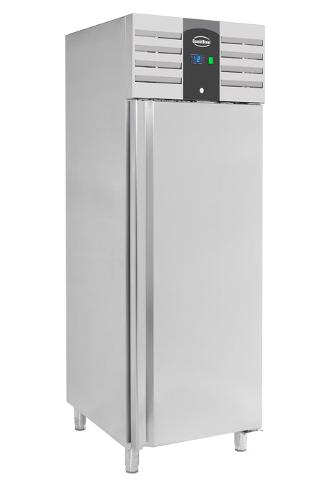 Tall stainless steel single door freezer with digital control panel