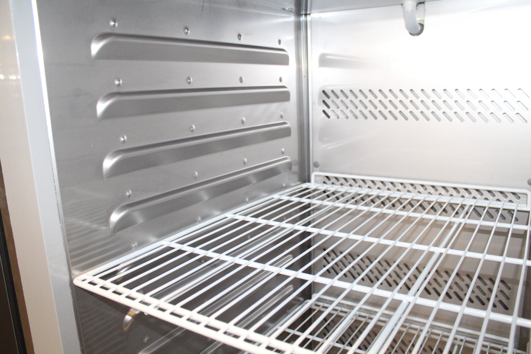Tall stainless steel single door freezer with digital control panel view 2