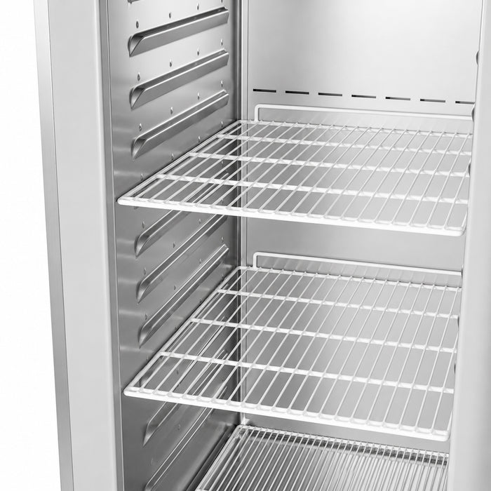 Stainless steel single door upright refrigerator with digital display panel view 3