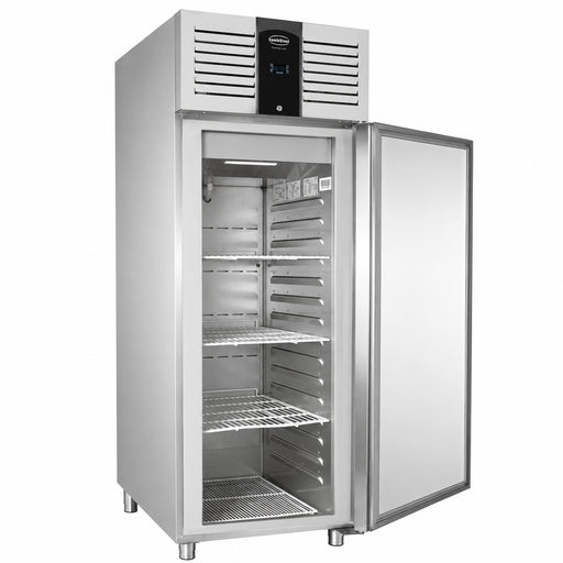 Stainless steel single door upright refrigerator with digital display panel view 2