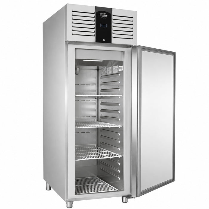 Stainless steel single door upright refrigerator with digital display panel view 2