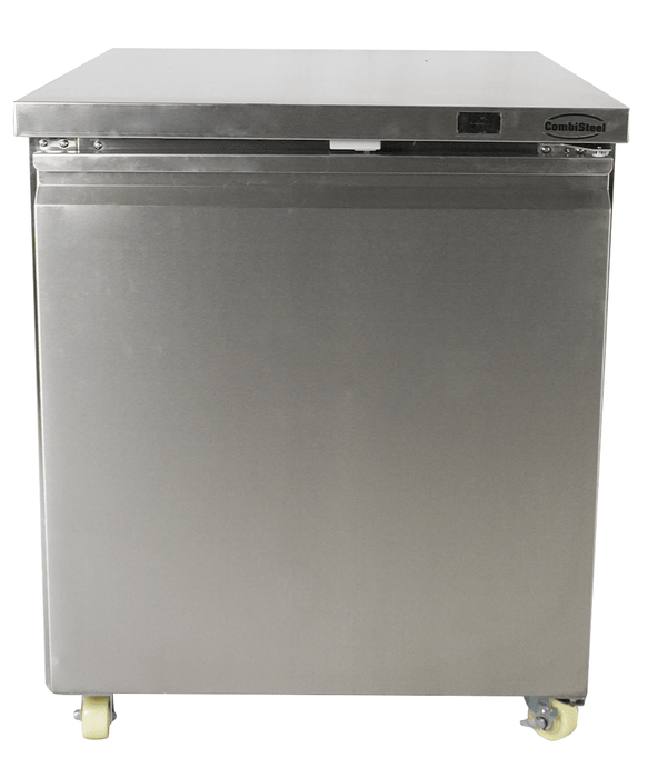 Stainless steel single door counter freezer with digital display and right-hinged door. view 3