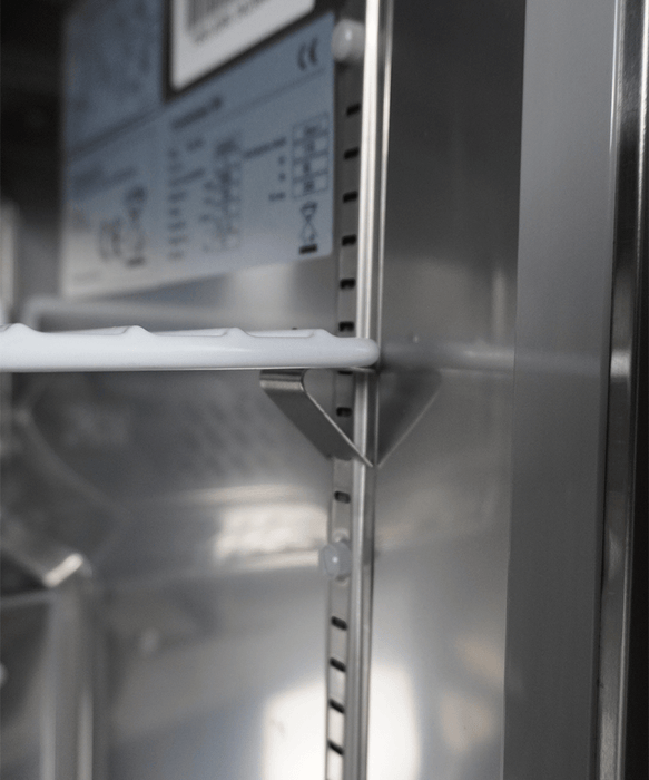 Stainless steel single door counter freezer with digital display and right-hinged door. view 7