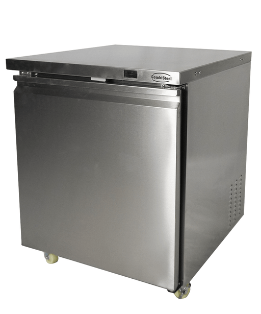 Stainless steel single door counter freezer with digital display and right-hinged door. view 2