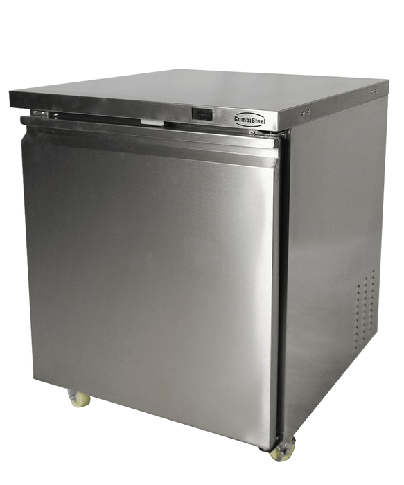Stainless steel single door counter freezer with digital display and right-hinged door. view 2