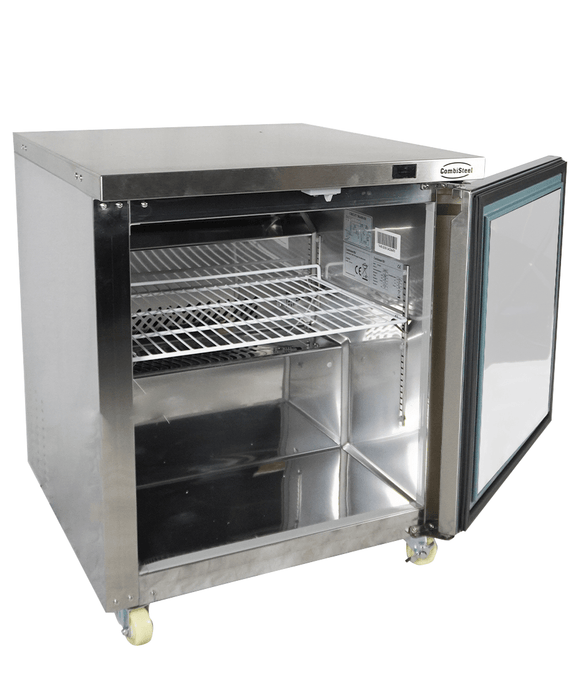 Stainless steel single door counter freezer with digital display and right-hinged door. view 4