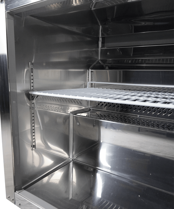 Stainless steel single door counter freezer with digital display and right-hinged door. view 6