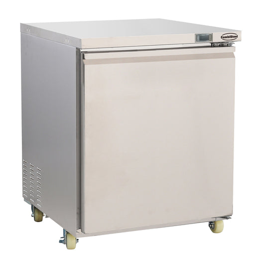 Stainless steel single door counter freezer with digital display and right-hinged door.
