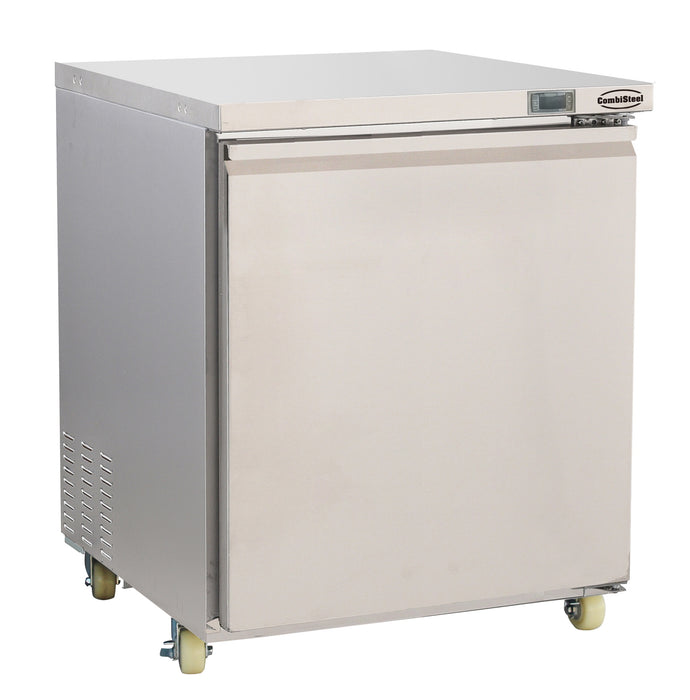 Stainless steel single door counter freezer with digital display and right-hinged door.