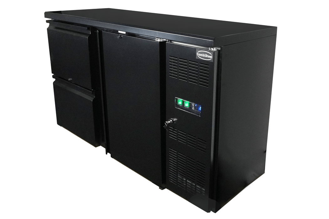 Black undercounter backbar fridge with one solid door and two pull-out drawers view 3