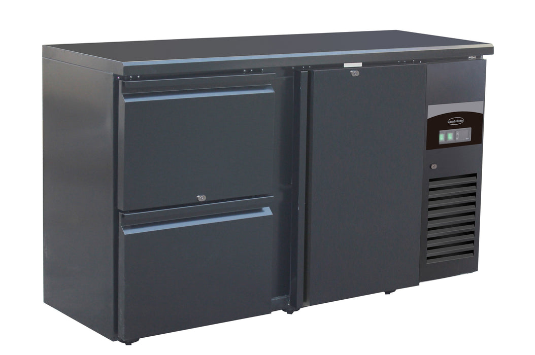 Black undercounter backbar fridge with one solid door and two pull-out drawers