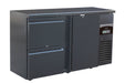 Black undercounter backbar fridge with one solid door and two pull-out drawers