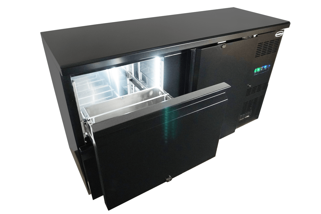 Black undercounter backbar fridge with one solid door and two pull-out drawers view 6
