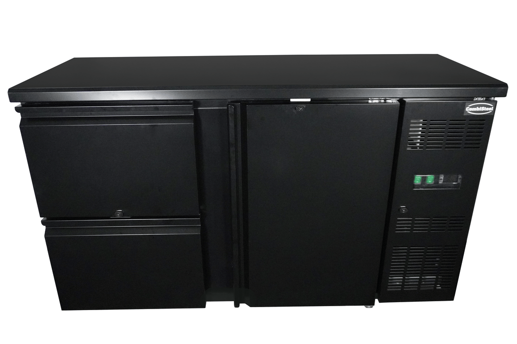 Black undercounter backbar fridge with one solid door and two pull-out drawers view 2