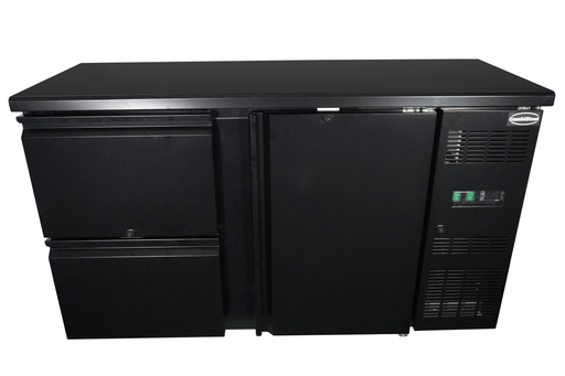 Black undercounter backbar fridge with one solid door and two pull-out drawers view 2