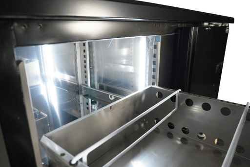 Black Combisteel backbar counter fridge with 3 solid doors and 2 drawers view 2