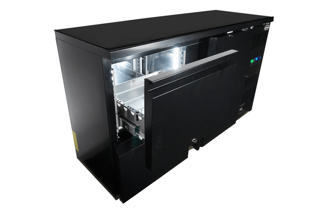 Black undercounter backbar fridge with one solid door and two pull-out drawers view 4