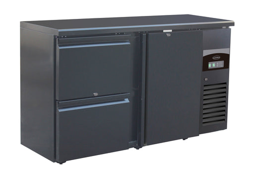 Black undercounter backbar fridge with one solid door and two pull-out drawers