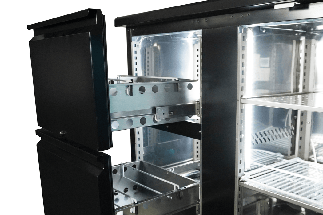 Black Combisteel backbar counter fridge with 3 solid doors and 2 drawers view 3
