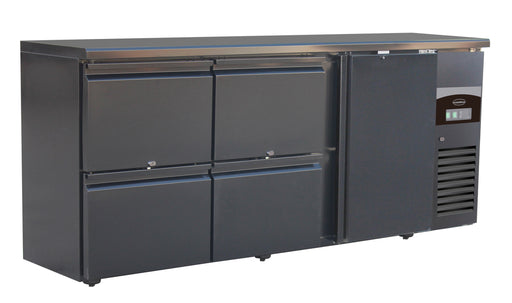 Black Combisteel backbar counter fridge with single door and four front drawers