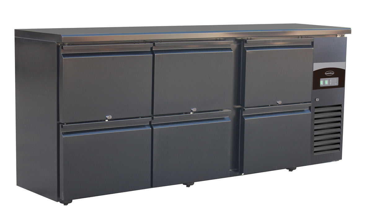 Black freestanding 6 drawer undercounter refrigerator with stainless steel interior