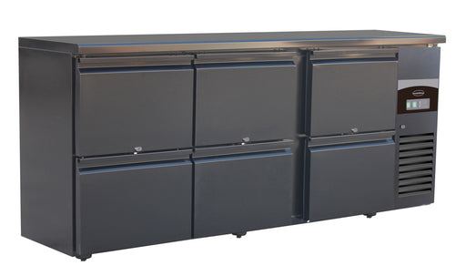 Black freestanding 6 drawer undercounter refrigerator with stainless steel interior