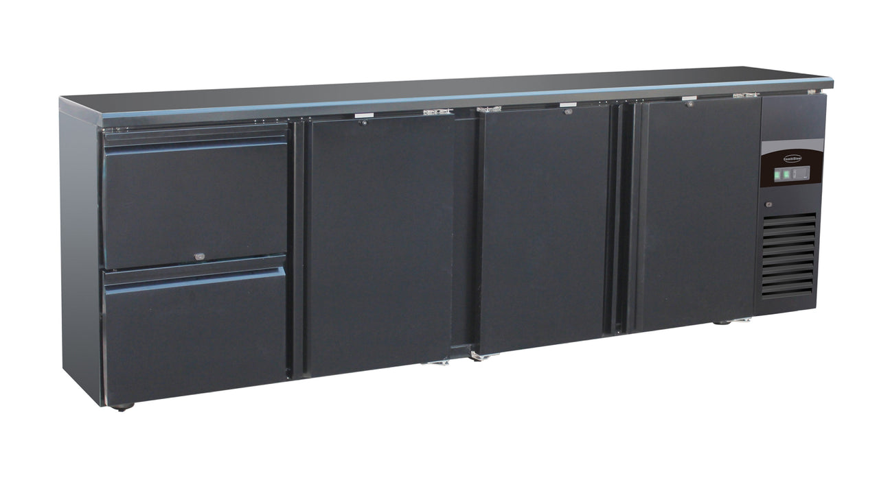 Black Combisteel backbar counter fridge with 3 solid doors and 2 drawers