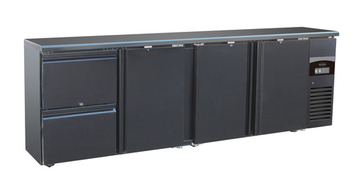 Black Combisteel backbar counter fridge with 3 solid doors and 2 drawers