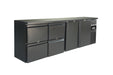Black stainless steel backbar counter fridge with 2 solid doors and 4 pull-out drawers