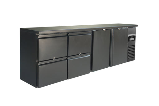 Black stainless steel backbar counter fridge with 2 solid doors and 4 pull-out drawers