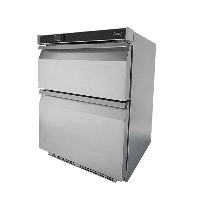 Stainless steel tabletop refrigerator with two pull-out drawers