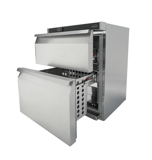 Stainless steel tabletop refrigerator with two pull-out drawers view 2