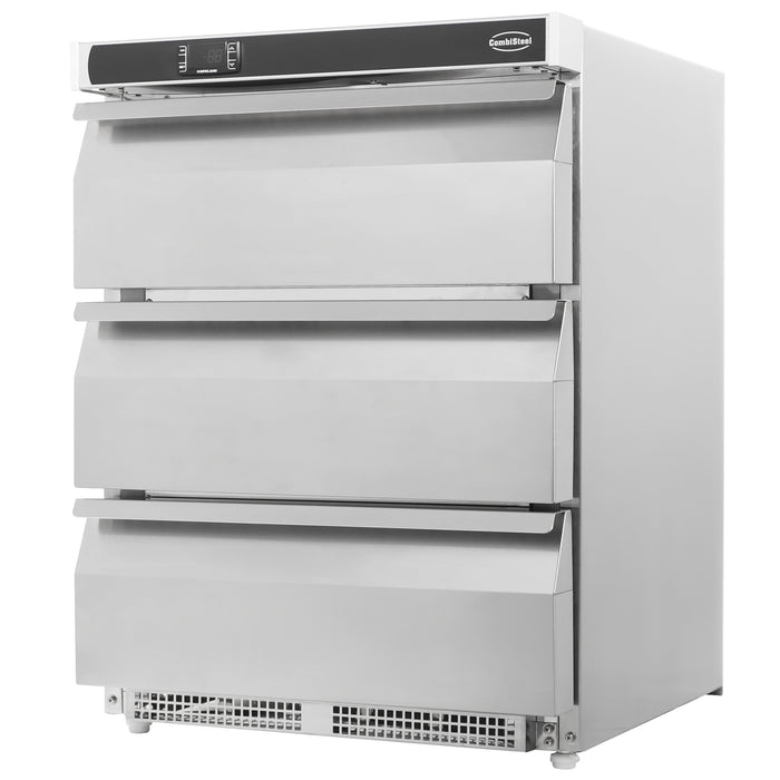 Stainless steel three drawer undercounter refrigerator with digital display