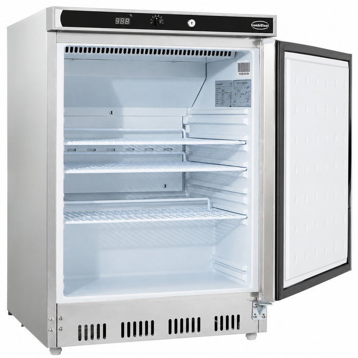 Stainless steel single door tabletop refrigerator with right-hand hinge door view 3