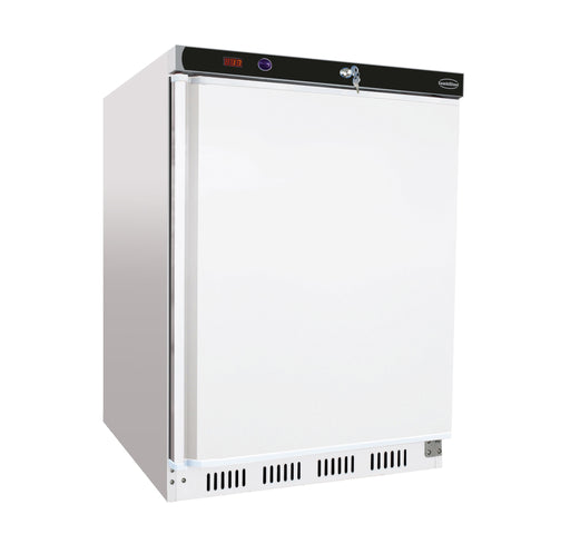 White painted steel single door countertop refrigerator with right-hinged door