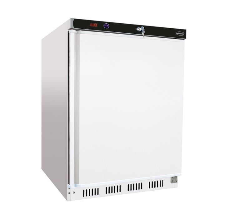 White painted steel single door countertop refrigerator with right-hinged door