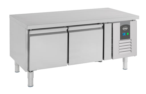 Stainless steel 2 door undercounter refrigerator with digital controls and ventilated cooling.