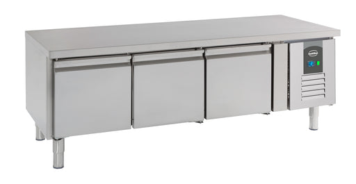Stainless steel three door undercounter refrigerator with digital controls and recessed handles
