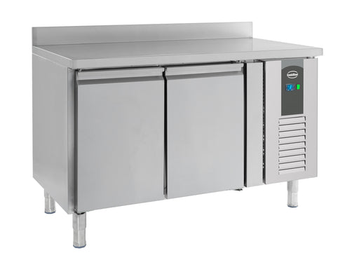 Stainless steel two door refrigerated counter with upstand and solid doors