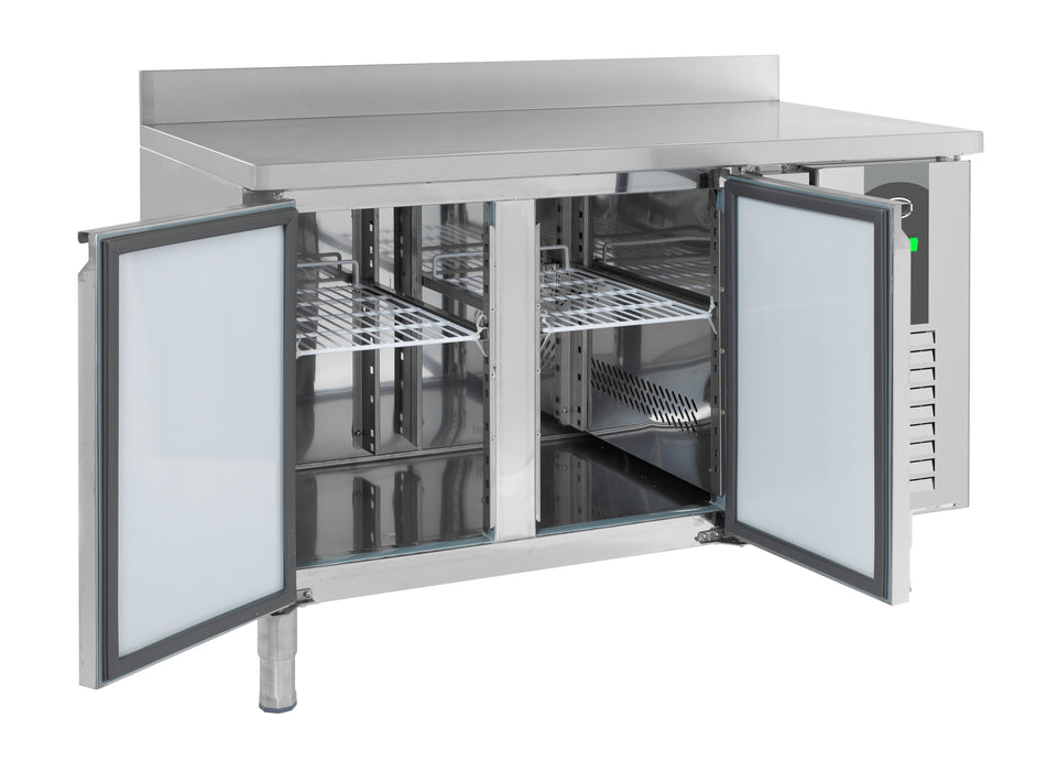 Stainless steel two door refrigerated counter with upstand and solid doors view 2