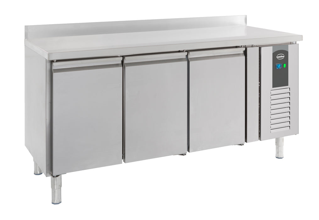 Combisteel stainless steel refrigerated counter with three doors and work surface top