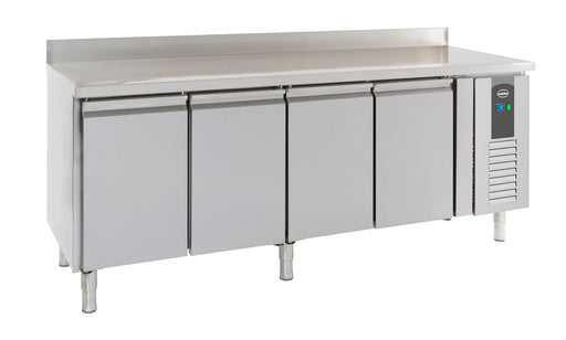 Stainless steel four door refrigerated counter with upstand design