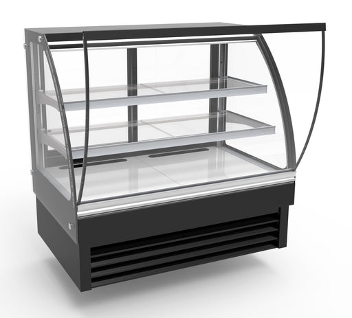 Black freestanding round glass cake display fridge with curved front and stainless steel top view 2