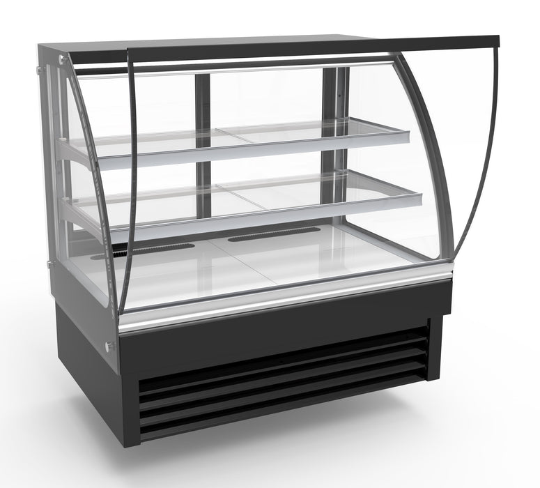 Black freestanding round glass cake display fridge with curved front and stainless steel top view 2