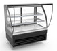 Black freestanding round glass cake display fridge with curved front and stainless steel top view 2