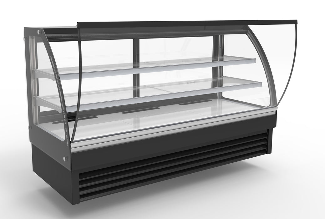Black freestanding curved glass display fridge with LED lighting and stainless steel countertop view 2