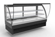 Black freestanding curved glass display fridge with LED lighting and stainless steel countertop view 2